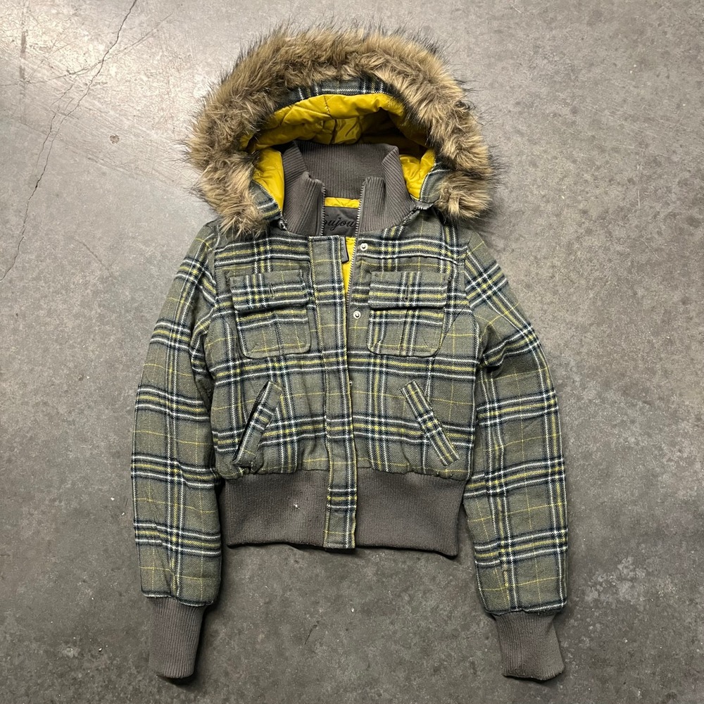 Joujou Plaid Bomber Jacket Grey Yellow Faux Fur Hood Wool Blend Y2K Size M